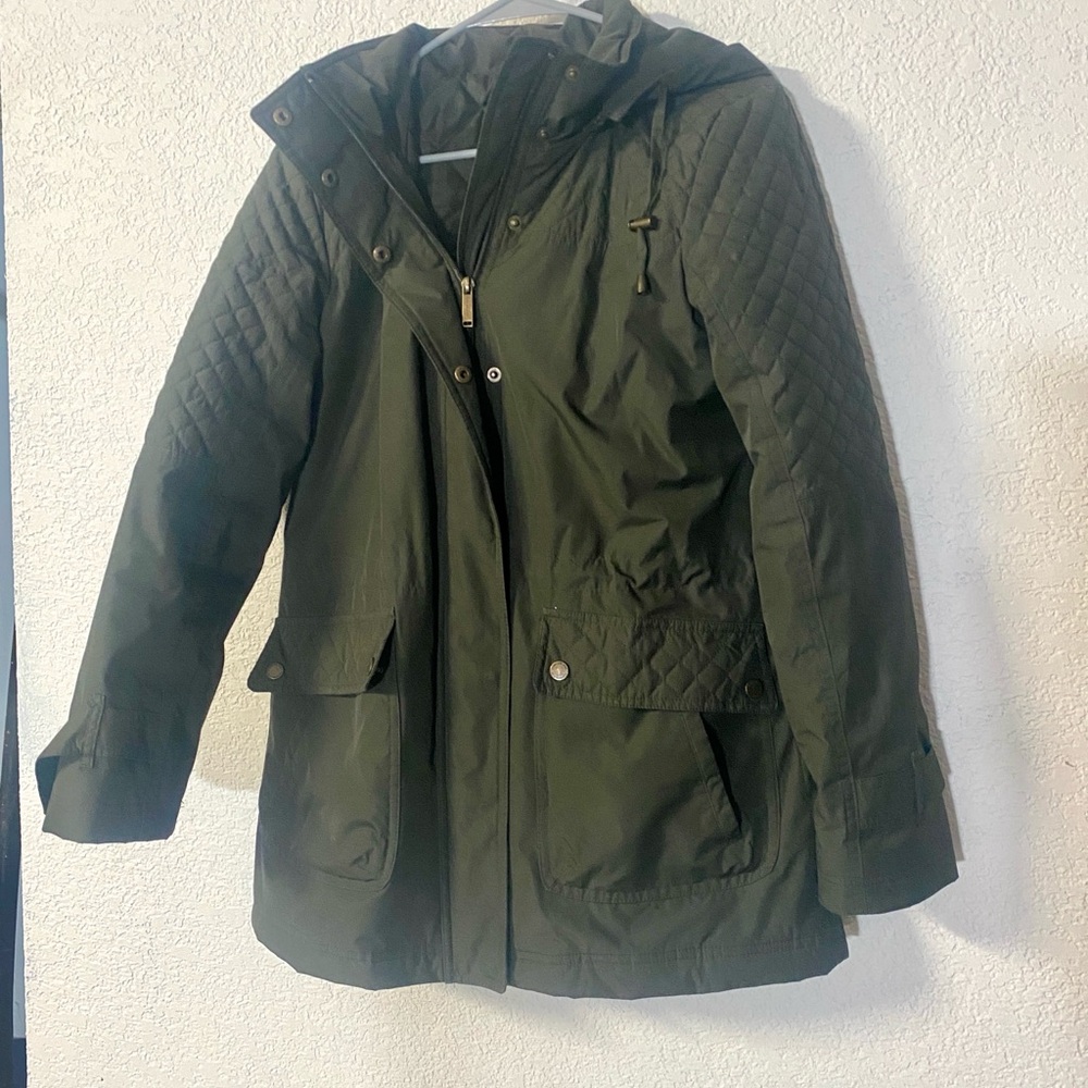 London Fog Olive Women’s full zip hooded water resistant jacket size M